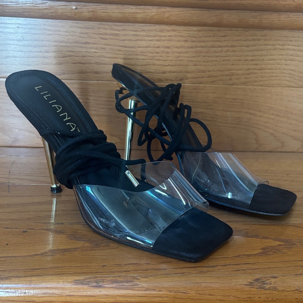 Liliana Black and Transparent Lace-Up Heels
